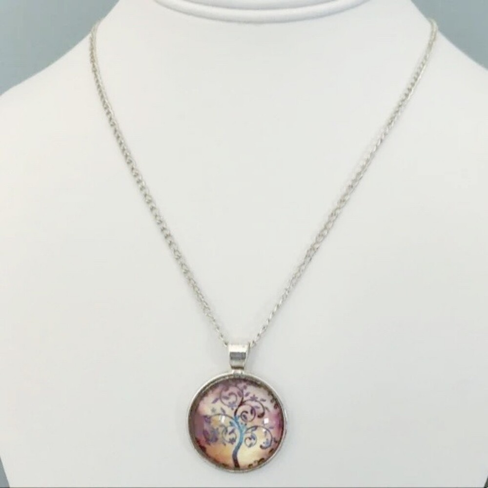 Tree of Life Pendant Necklace Yellow Purple Silver Tone